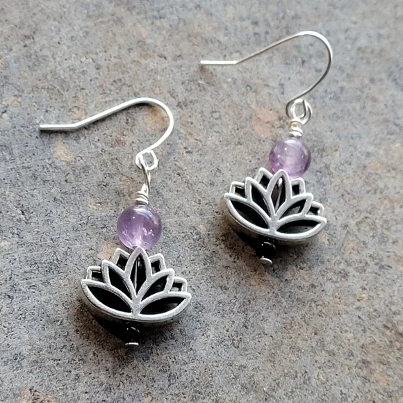 Amythest Lotus Silver Plated Earrings - Picture 5 of 7